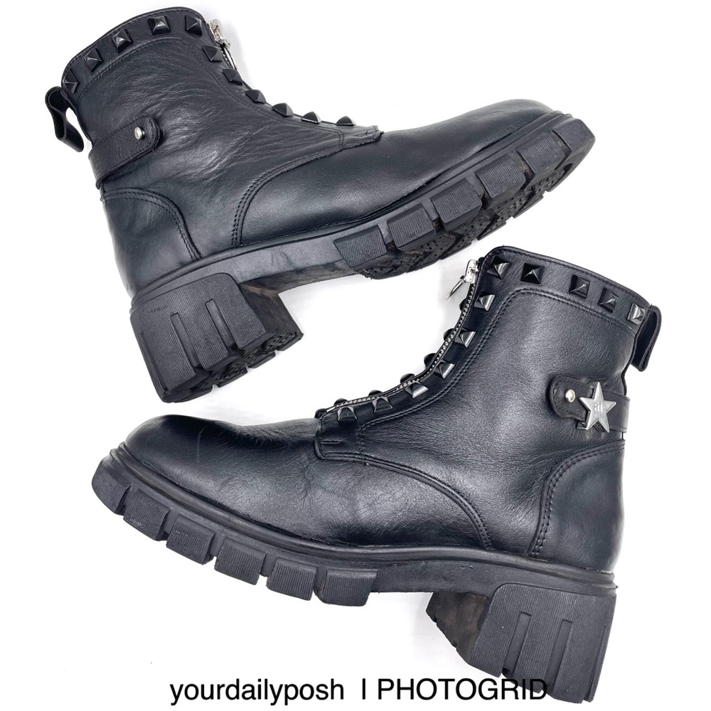 Elan Olivia studded black leather lug sole zip up ankle boots US 7.5 / CM 24.5
